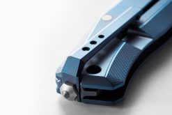LionSteel Myto Satin M390 Drop Point Blade Blue Titanium Handle Glass Breaker Close Up