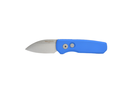 Protech Runt 5 CA Legal Auto Stonewashed 20CV Wharncliffe Blade Blue Aluminum Handle Front Side Open