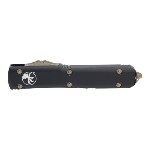 Microtech Ultratech OTF Automatic Knife Bronze Bayonet Blade Black Handle Front Side Closed
