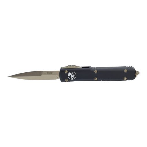 Microtech Ultratech OTF Automatic Knife Bronze Bayonet Blade Black Handle Front Side Open