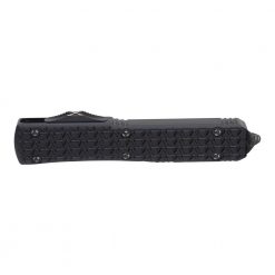 Microtech Ultratech Sith Lord OTF Automatic Knife Red Bayonet Blade Black Textured Handle Front Side Closed