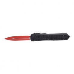 Microtech Ultratech Sith Lord OTF Automatic Knife Red Bayonet Blade Black Textured Handle Front Side Open