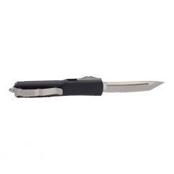 Microtech Ultratech T/E Fully Serrated OTF Automatic Knife Black Handle Back Side Open