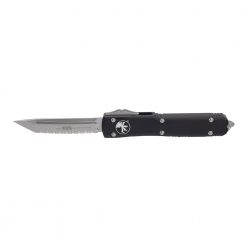 Microtech Ultratech T/E Fully Serrated OTF Automatic Knife Black Handle Front Side Open