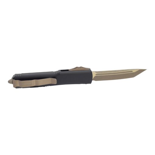 Microtech Ultratech T/E OTF Automatic Knife Apocalyptic Bronze Blade Black Handle Back Side Open
