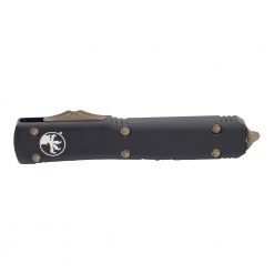 Microtech Ultratech T/E OTF Automatic Knife Apocalyptic Bronze Blade Black Handle Front Side Closed