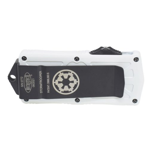 Microtech Exocet Storm Trooper CA Legal OTF Automatic Knife D/E F/S T/E White Blade White Handle Back Side Closed