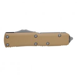 Microtech UTX-85 D/E OTF Automatic Knife Apocalyptic Finished Blade with Tan G-10 and Black Aluminum Handle Front Side Closed