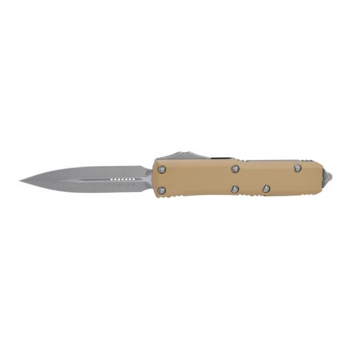 Microtech UTX-85 D/E OTF Automatic Knife Apocalyptic Finished Blade with Tan G-10 and Black Aluminum Handle Front Side Open