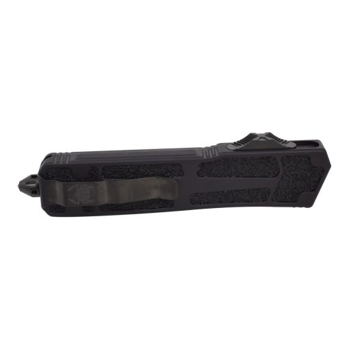 Microtech Scarab 2 OTF Automatic Knife S/E P/S Black DLC Blade Black Aluminum Handle Back Side Closed