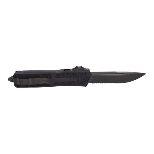 Microtech Scarab 2 OTF Automatic Knife S/E P/S Black DLC Blade Black Aluminum Handle Back Side Open