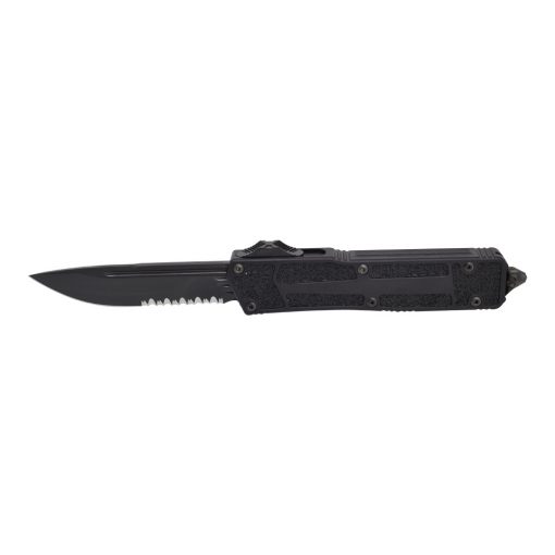 Microtech Scarab 2 OTF Automatic Knife S/E P/S Black DLC Blade Black Aluminum Handle Front Side Open