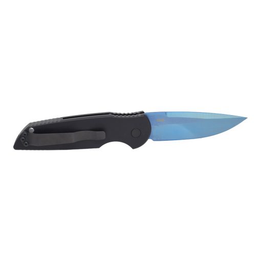 Pro-Tech TR-3 Tactical Response 154CM Clip Point Blade Sapphire Blue TiNi Blade Black Ano Handle Back Side Open