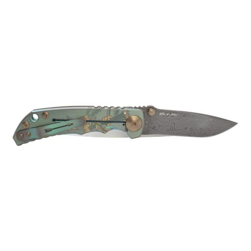 Spartan Blades Harsey Folder Damascus Blade 2021 Green Custom God and Country Handle Back Side Open