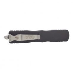 Microtech Dirac OTF Automatic Knife Stonewash Double Edge Dagger Blade Black Aluminum Handle Back Side Closed