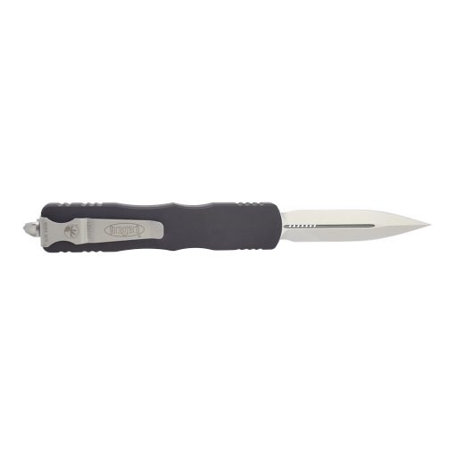 Microtech Dirac OTF Automatic Knife Stonewash Double Edge Dagger Blade Black Aluminum Handle Back Side Open