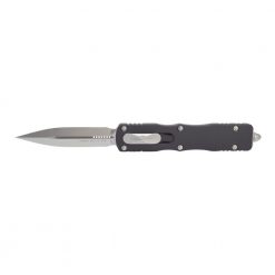 Microtech Dirac OTF Automatic Knife Stonewash Double Edge Dagger Blade Black Aluminum Handle Front Side Open