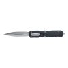 Microtech Dirac Delta OTF Automatic Knife Stonewash Double Edge Dagger Blade Black Aluminum Handle Front Side Open