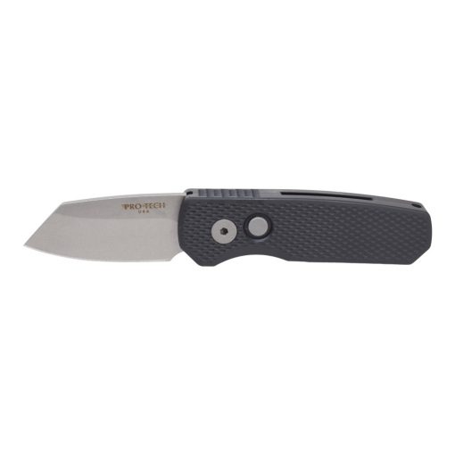 Protech Runt 5 Stonewashed 20CV Reverse Tanto Blade Black Textured Aluminum Handle Front Side Open
