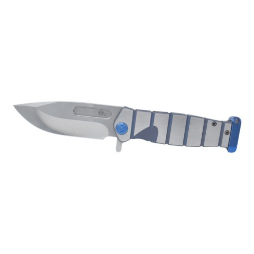 Medford USMC Fighter Flipper S35VN Tumbled Drop Point Blade Bead Blasted Blue Titanium Handles Front Side Open