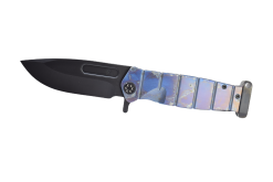 Medford USMC Fighter Flipper Black PVD S35VN Drop Point Blade Faced and Flamed Galaxy Titanium Handle Front Side Open