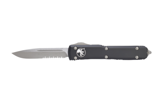 Microtech Ultratech OTF Automatic Knife S/E P/S Apocalyptic Blade Black Aluminum Handle Front Side Open