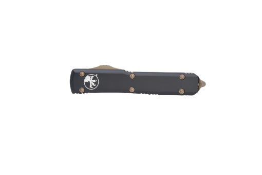 Microtech Ultratech OTF Automatic Knife S/E Bronze Apocalyptic Blade Black Aluminum Handle Front Side Closed