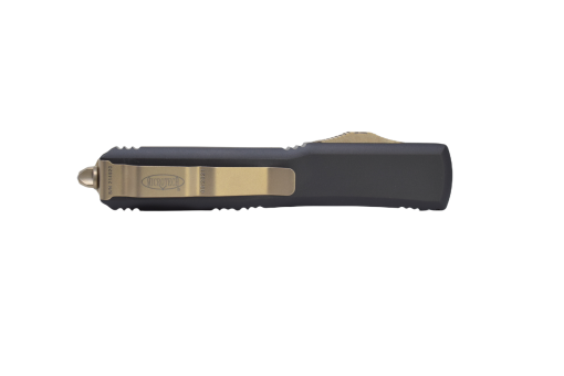 Microtech Ultratech OTF Automatic Knife S/E P/S Bronze Blade Black Aluminum Handle Back Side Closed