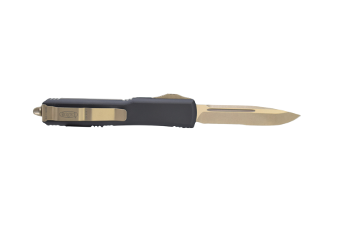 Microtech Ultratech OTF Automatic Knife S/E P/S Bronze Blade Black Aluminum Handle Back Side Open