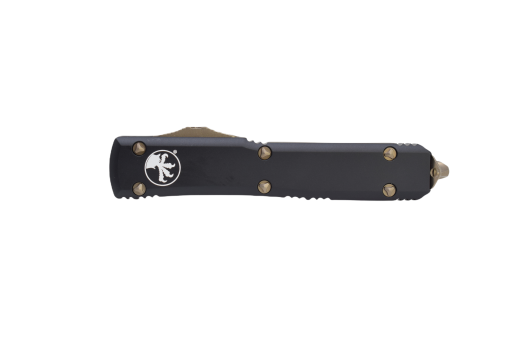 Microtech Ultratech OTF Automatic Knife S/E P/S Bronze Blade Black Aluminum Handle Front Side Closed