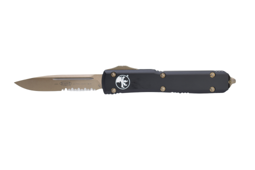 Microtech Ultratech OTF Automatic Knife S/E P/S Bronze Blade Black Aluminum Handle Front Side Open