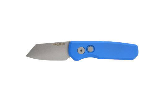 Protech Runt 5 CA Legal Auto Stonewashed 20CV Reverse Tanto Blade Blue Aluminum Handle Front Side Open
