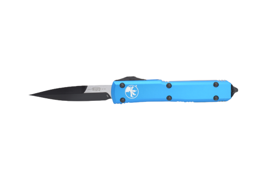 Microtech Ultratech OTF Automatic Knife Stonewash Bayonet Blade Blue Aluminum Handle Front Side Open