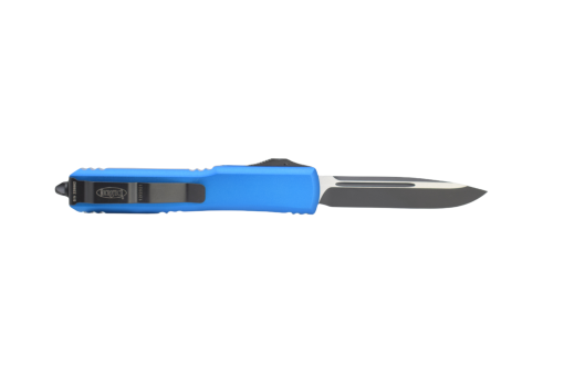 Microtech Ultratech OTF Automatic Knife S/E Black Blade Blue Aluminum Handle Back Side Open