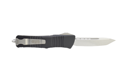 Microtech Troodon Stonewash Double Edge Dagger OTF Automatic Knife Black Handle Back Side Open