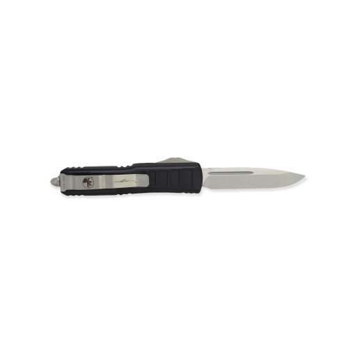 Microtech UTX-85 OTF Automatic Knife S/E Stonewash Blade Black Handle Back Side Open