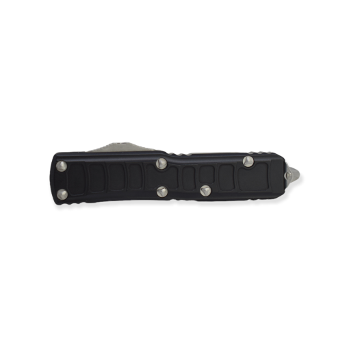 Microtech UTX-85 OTF Automatic Knife S/E Stonewash Blade Black Handle Front Side Closed