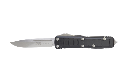 Microtech UTX-85 OTF Automatic Knife S/E Stonewash Blade Black Handle Front Side Open