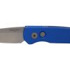 Protech Runt 5 Stonewashed Reverse Tanto 20CV Blade Blue Ano Textured Aluminum Handle Acid Washed Hardware and Clip - Grommet's Knife & Carry - Front Side Open