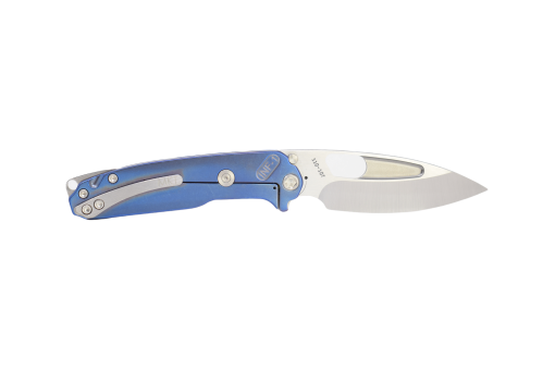 A Medford Infraction Satin S35VN Drop Point Blade Blue Titanium Handle folding knife on a white background.