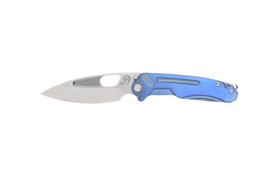 A Medford Infraction Satin S35VN Drop Point Blade Blue Titanium Handle on a white background.