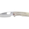 Medford Infraction Tumbled S35VN Drop Point Blade Tumbled Titanium Handle Flamed Hardware/Clip that is on a white surface.