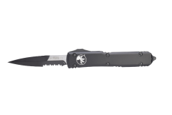a Microtech Ultratech OTF Auto Black Bayonet Combo Blade Black Aluminum Handle on a white background.