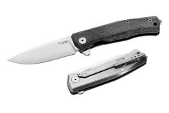 LionSteel Myto Stonewash M390 Drop Point Blade Black Canvas Handle Front Side Open and Back Side Closed