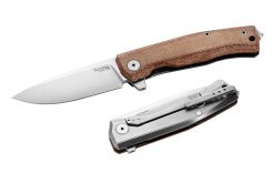 LionSteel Myto Stonewash M390 Drop Point Blade Natural Canvas Handle Front Side Open and Back Side Closed