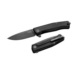 LionSteel Myto Old Black M390 Drop Point Blade Black Aluminum Handle Front Side Open and Back Side Closed