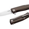 LionSteel Myto Stonewash M390 Drop Point Blade Earth Brown Aluminum Handle Front Side Open and Back Side Closed