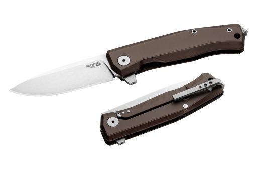 LionSteel Myto Stonewash M390 Drop Point Blade Earth Brown Aluminum Handle Front Side Open and Back Side Closed