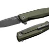 LionSteel Myto Old Black M390 Drop Point Blade Green Aluminum Handle Front Side Open and Back Side Closed