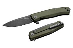 LionSteel Myto Old Black M390 Drop Point Blade Green Aluminum Handle Front Side Open and Back Side Closed